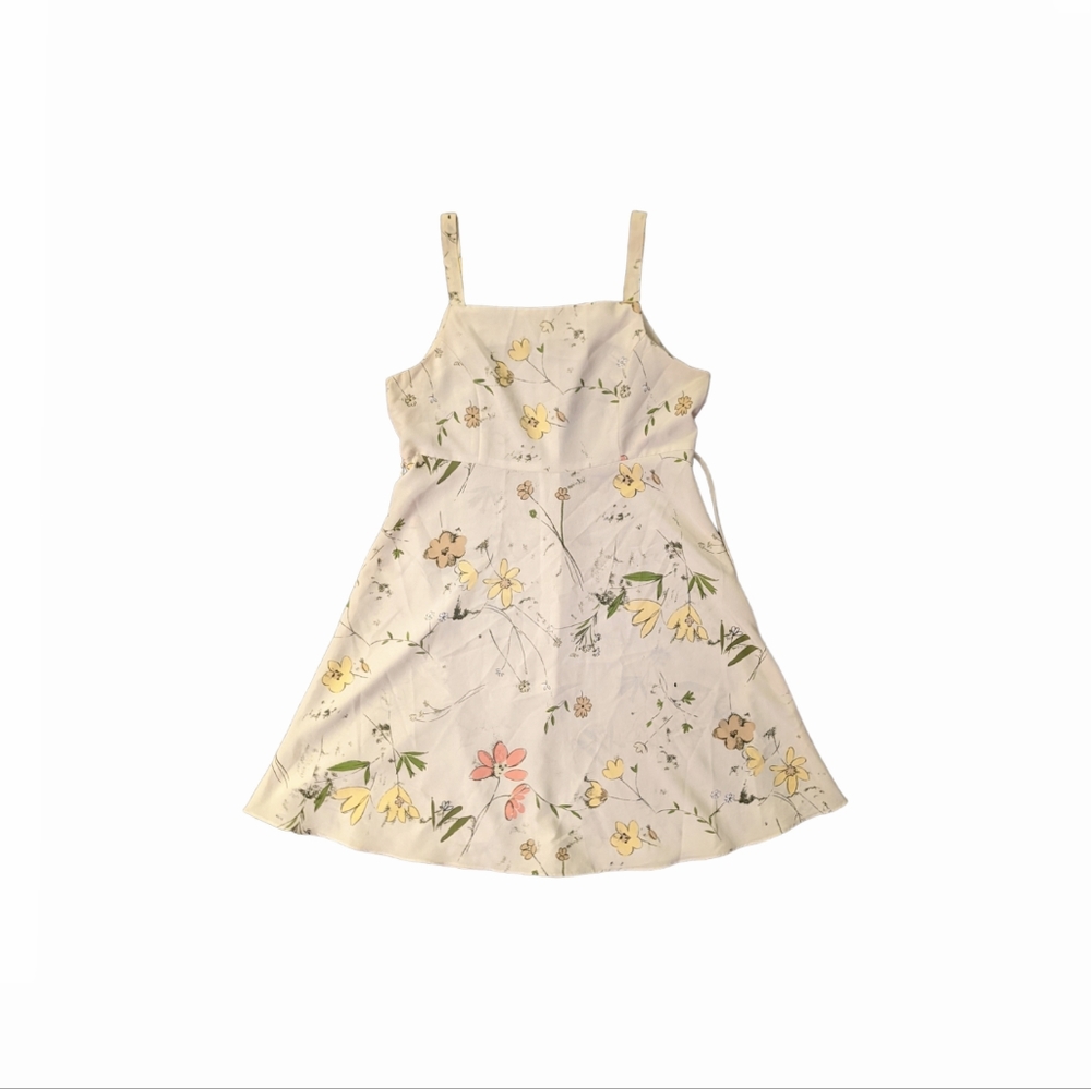 Floral Aline Minidress Tie Waist Tank Sleeves Square Neck Beige Pink Size Small